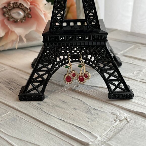 Vintage Cherry Pierced Earrings, Rhinestone embellished, fish hooks, red , - Picture 1 of 7